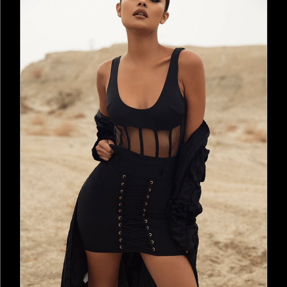 House Of CB Size Small Black Mesh Open Back Bodysuit